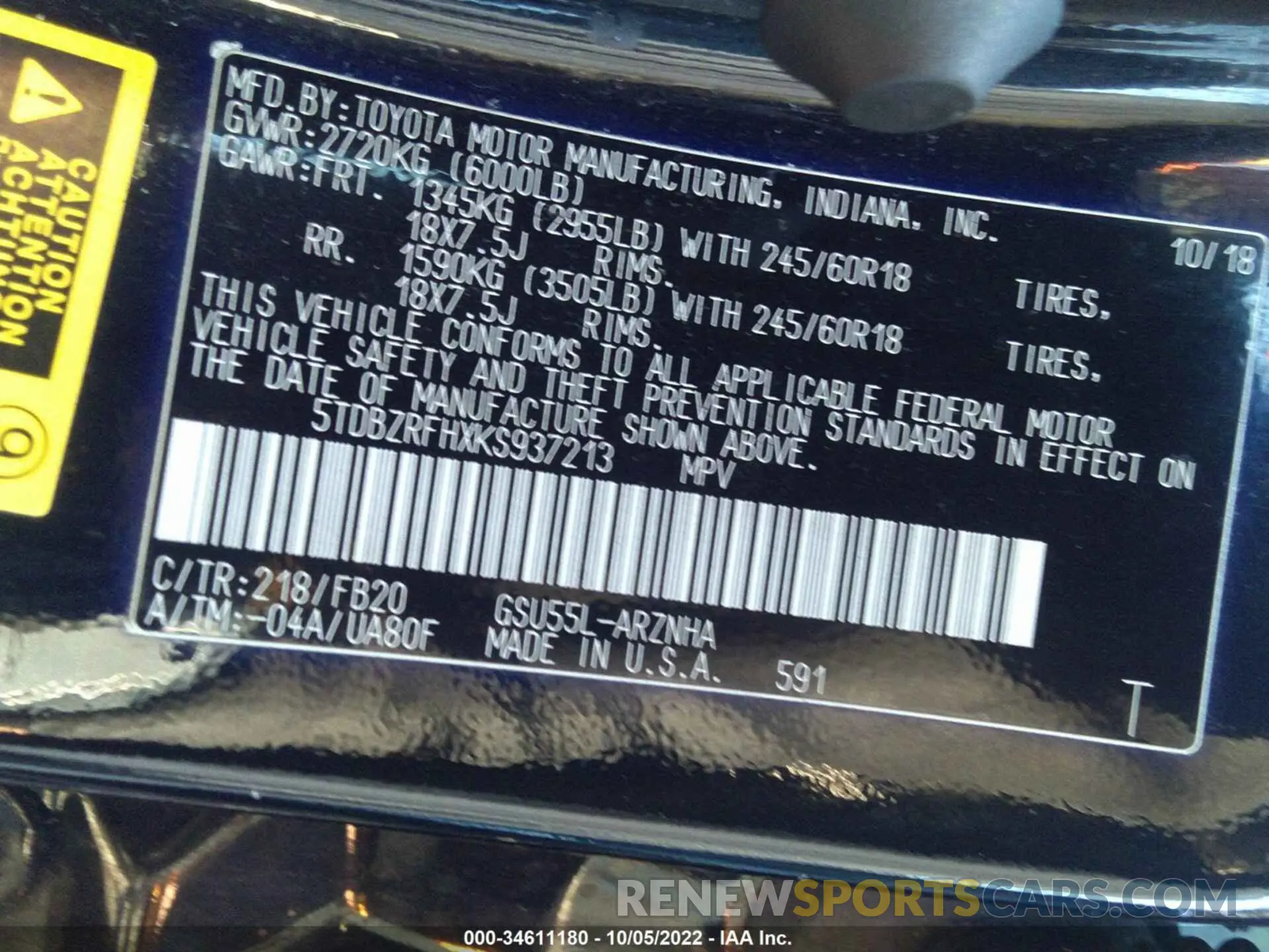 9 fotografías del automóvil dañado 5TDBZRFHXKS937213 TOYOTA HIGHLANDER 2019