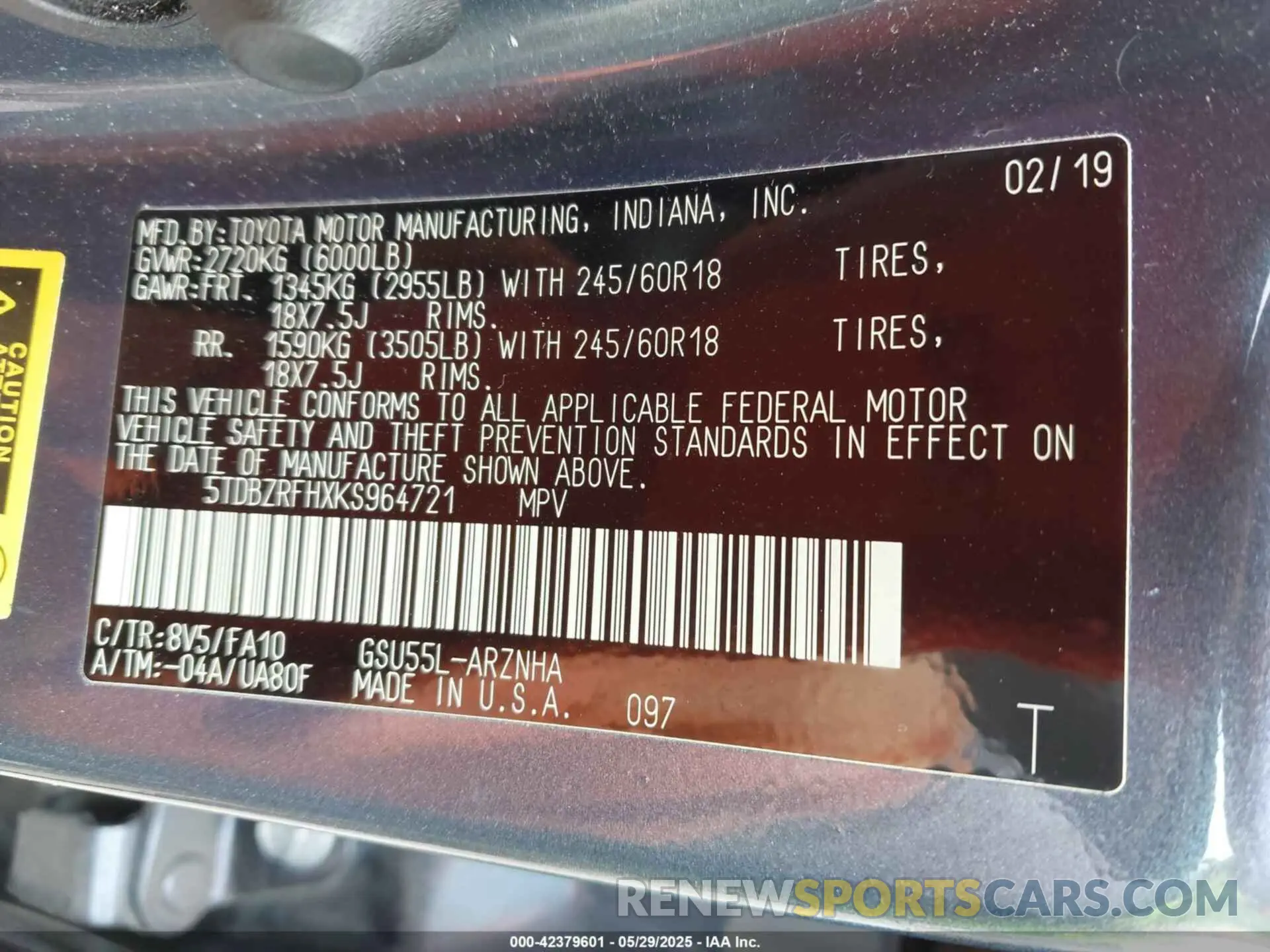 9 fotografías del automóvil dañado 5TDBZRFHXKS964721 TOYOTA HIGHLANDER 2019