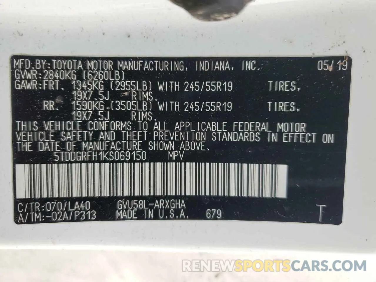16 fotografías del automóvil dañado 5TDDGRFH1KS069150 TOYOTA HIGHLANDER 2019