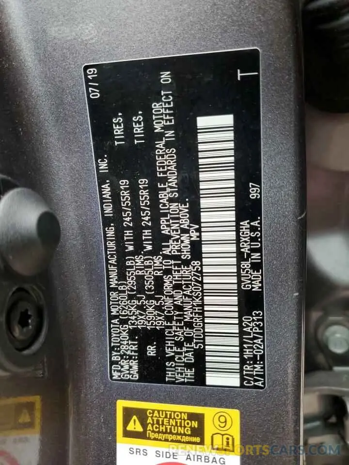 13 fotografías del automóvil dañado 5TDDGRFH1KS072758 TOYOTA HIGHLANDER 2019