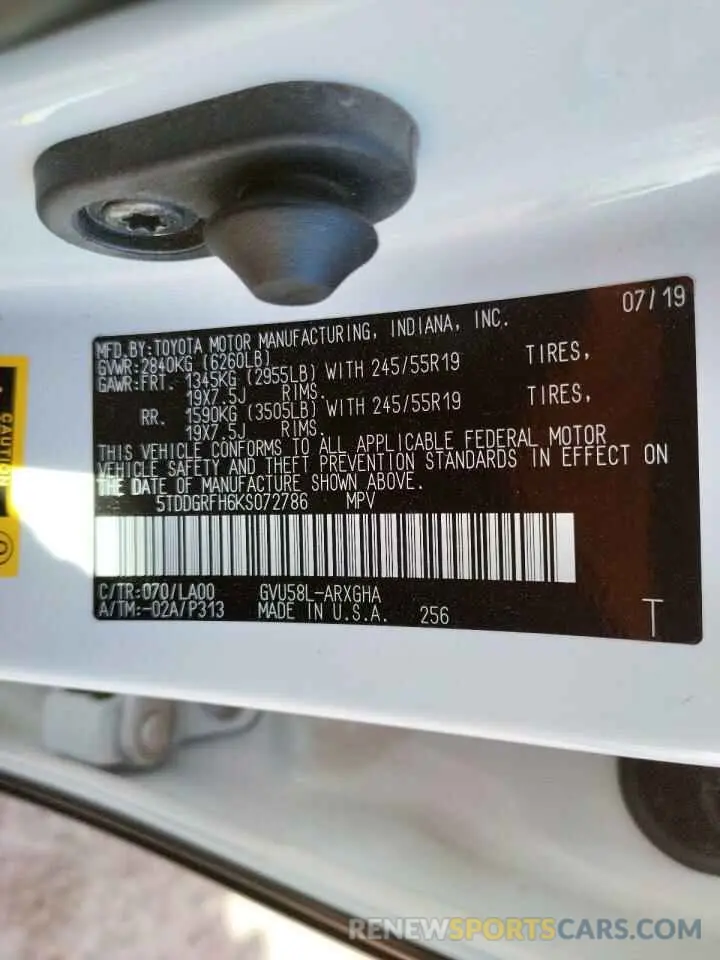 10 fotografías del automóvil dañado 5TDDGRFH6KS072786 TOYOTA HIGHLANDER 2019