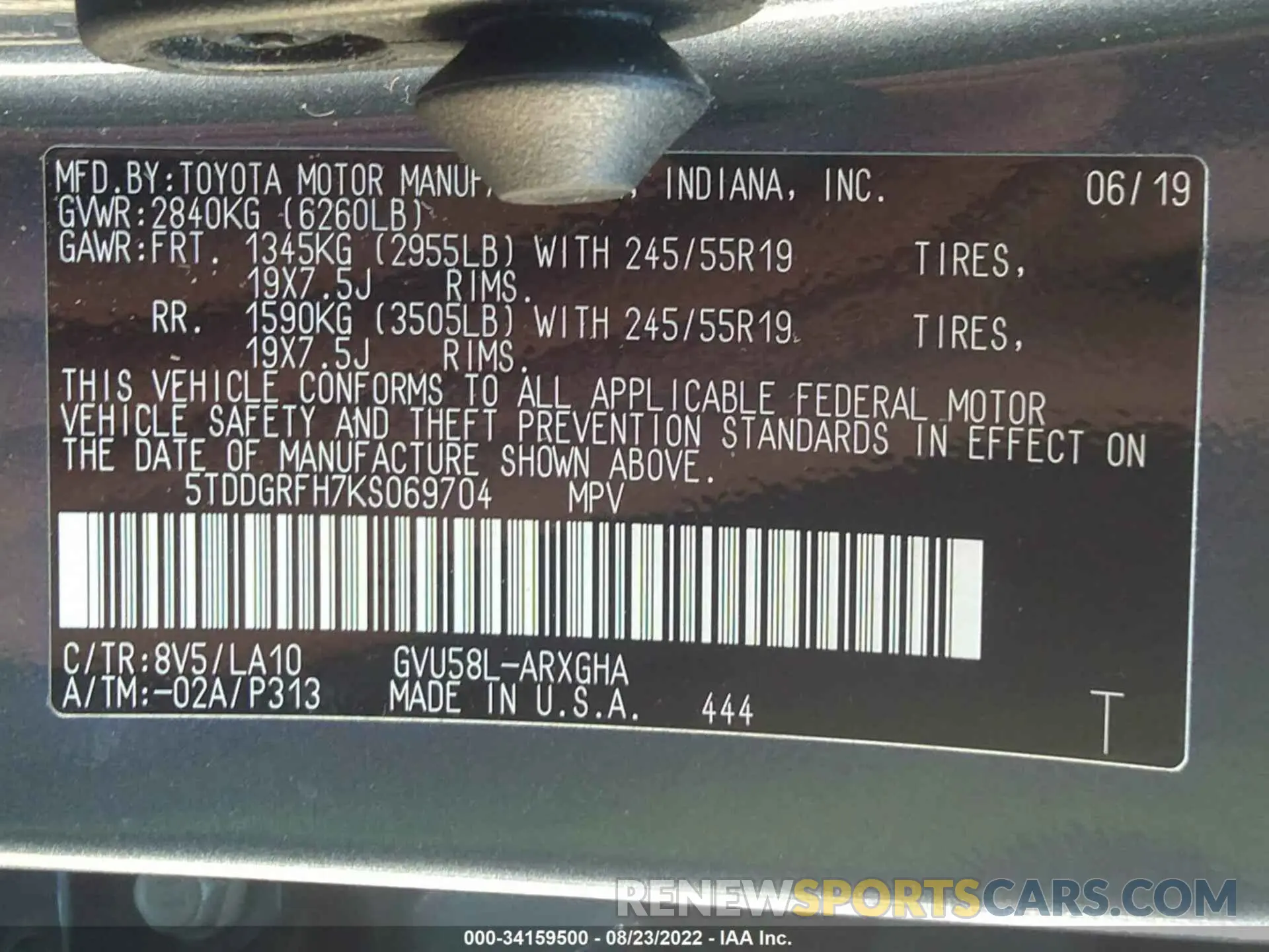 9 fotografías del automóvil dañado 5TDDGRFH7KS069704 TOYOTA HIGHLANDER 2019