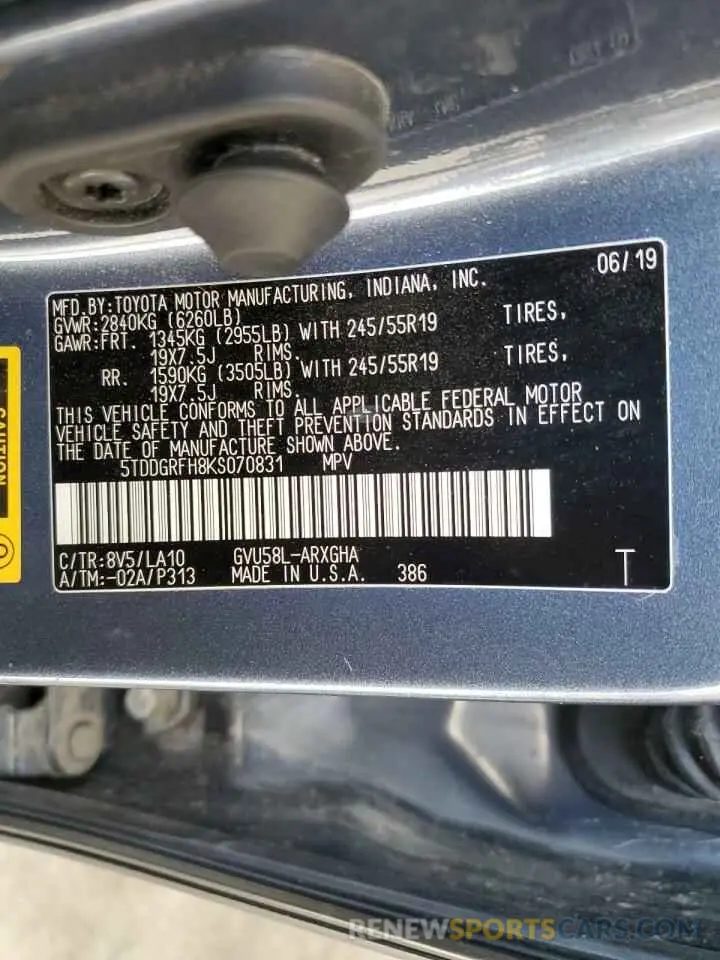 14 fotografías del automóvil dañado 5TDDGRFH8KS070831 TOYOTA HIGHLANDER 2019
