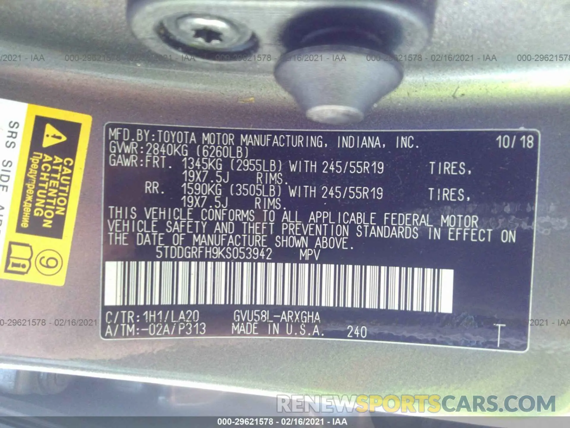 9 fotografías del automóvil dañado 5TDDGRFH9KS053942 TOYOTA HIGHLANDER 2019