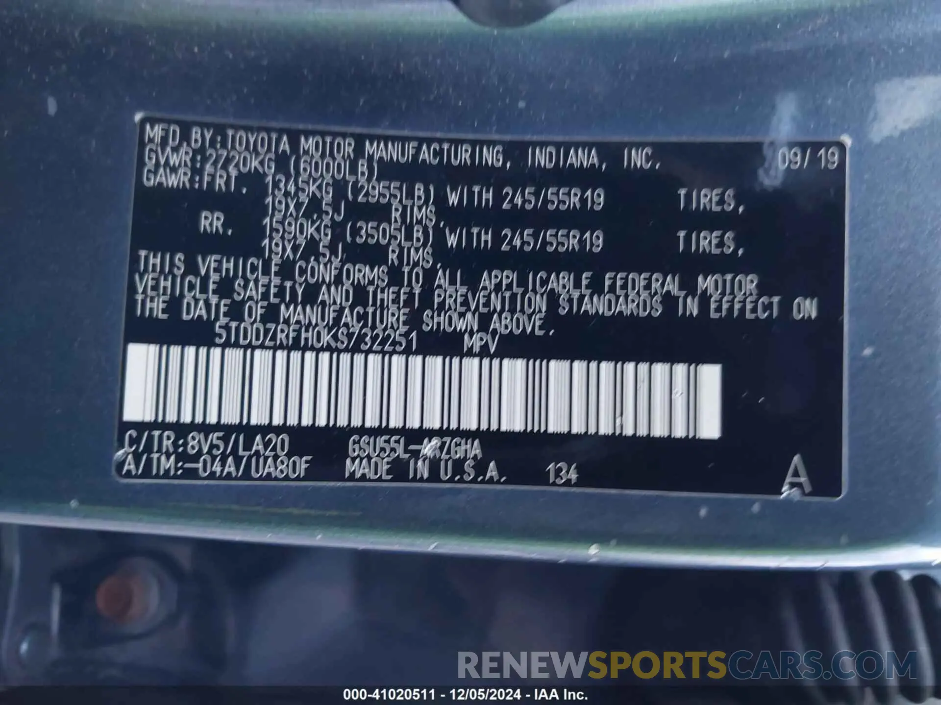 9 fotografías del automóvil dañado 5TDDZRFH0KS732251 TOYOTA HIGHLANDER 2019