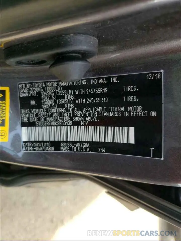 10 fotografías del automóvil dañado 5TDDZRFH0KS950139 TOYOTA HIGHLANDER 2019