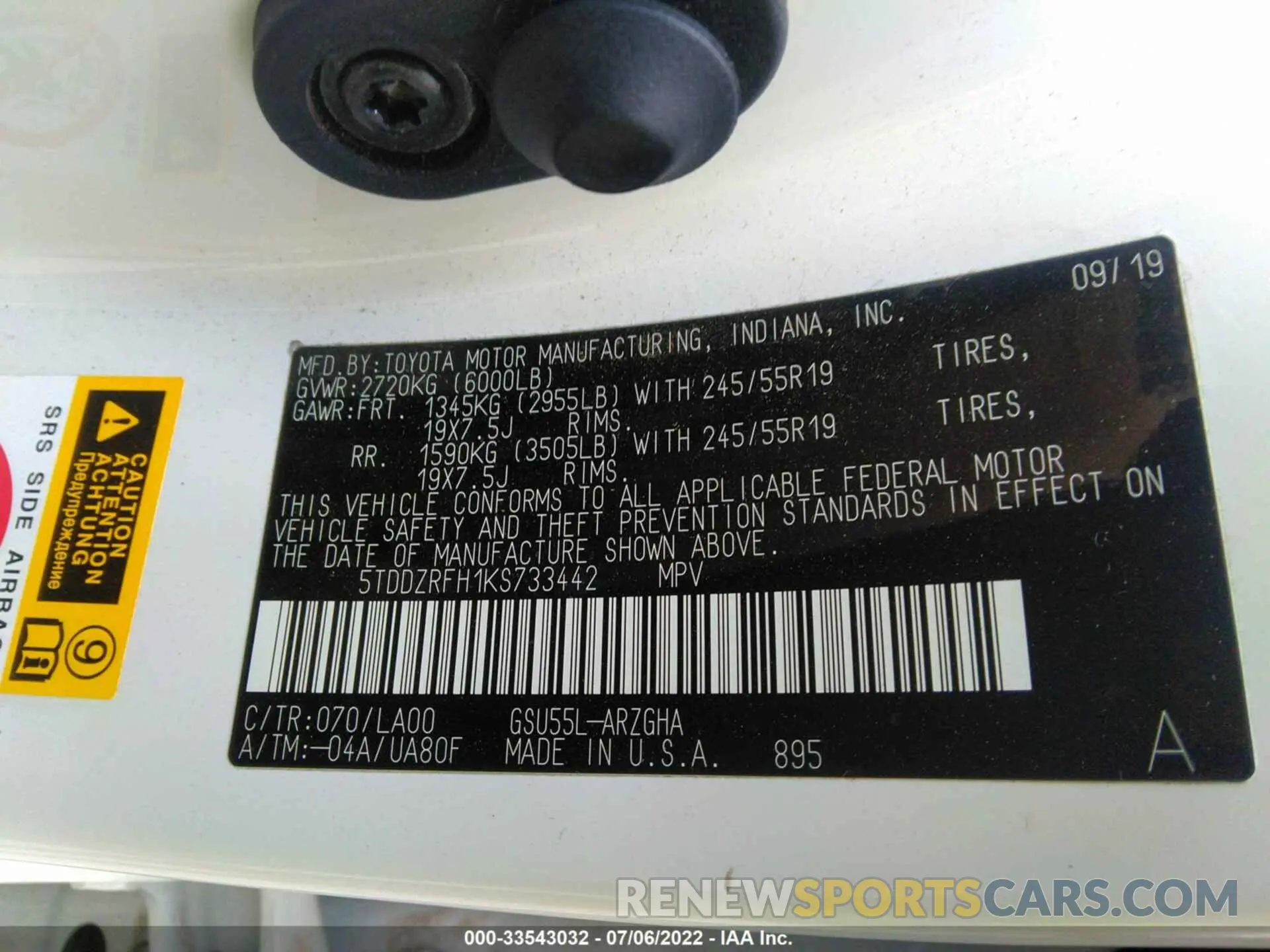9 fotografías del automóvil dañado 5TDDZRFH1KS733442 TOYOTA HIGHLANDER 2019
