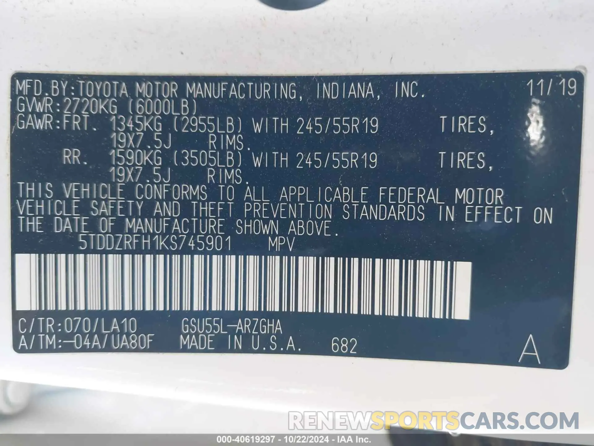 9 fotografías del automóvil dañado 5TDDZRFH1KS745901 TOYOTA HIGHLANDER 2019