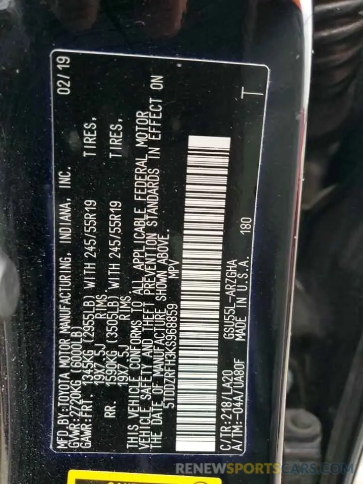 13 fotografías del automóvil dañado 5TDDZRFH3KS968859 TOYOTA HIGHLANDER 2019