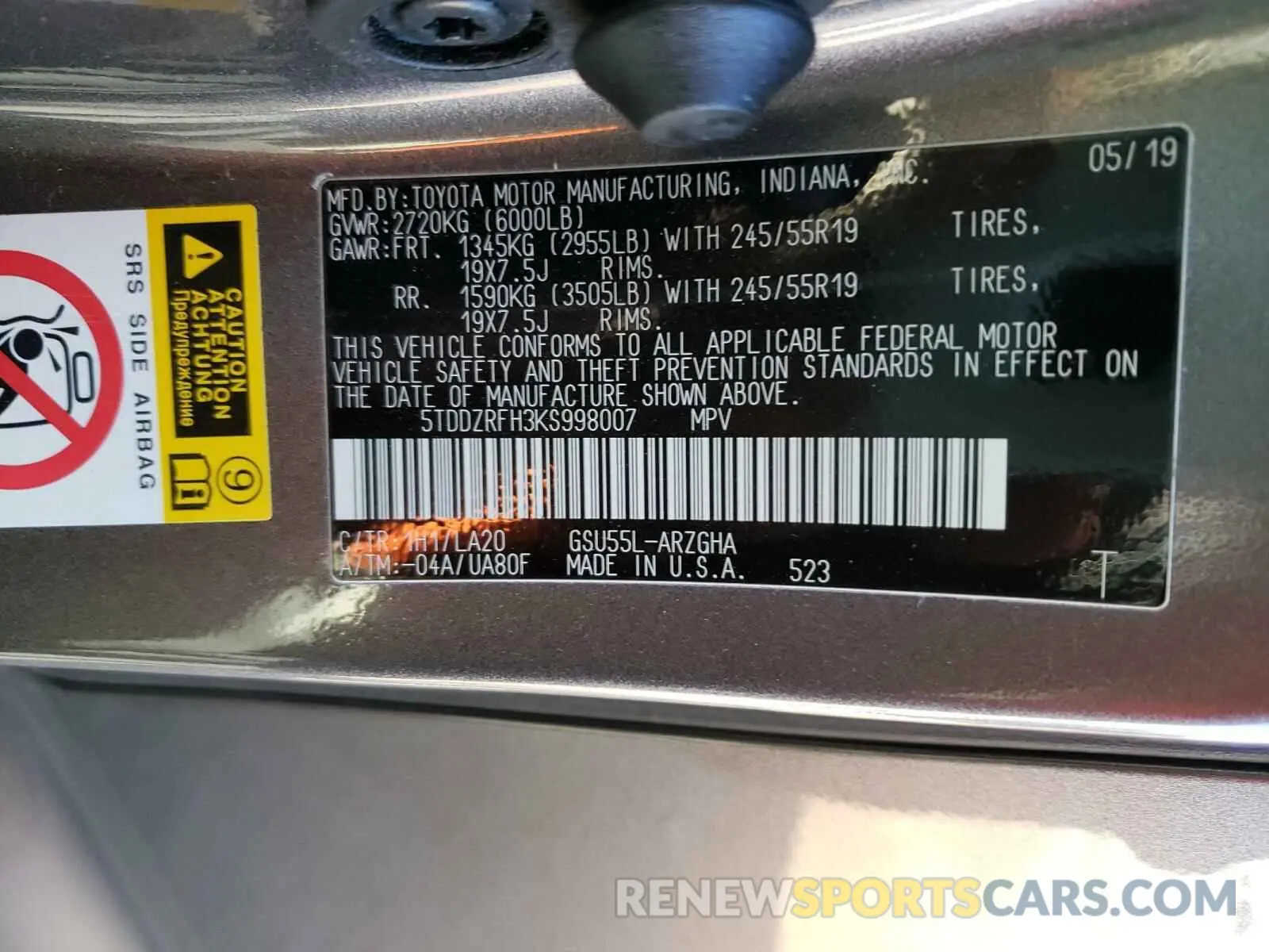 10 fotografías del automóvil dañado 5TDDZRFH3KS998007 TOYOTA HIGHLANDER 2019