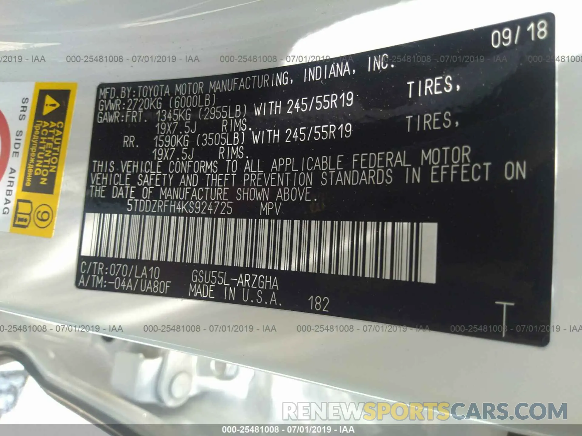 9 fotografías del automóvil dañado 5TDDZRFH4KS924725 TOYOTA HIGHLANDER 2019