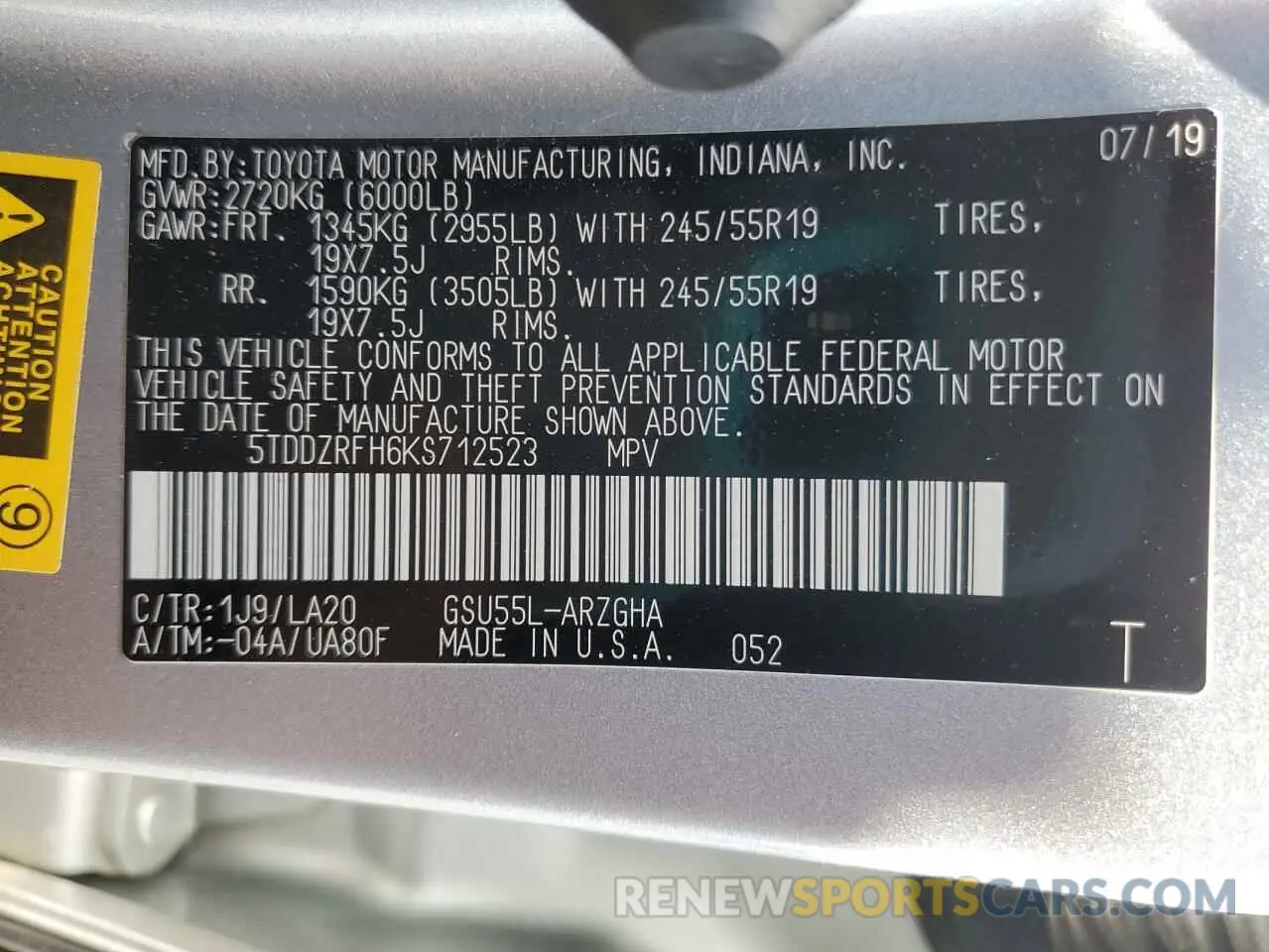 13 fotografías del automóvil dañado 5TDDZRFH6KS712523 TOYOTA HIGHLANDER 2019