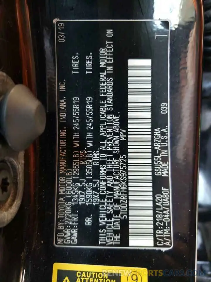 10 fotografías del automóvil dañado 5TDDZRFH6KS975725 TOYOTA HIGHLANDER 2019