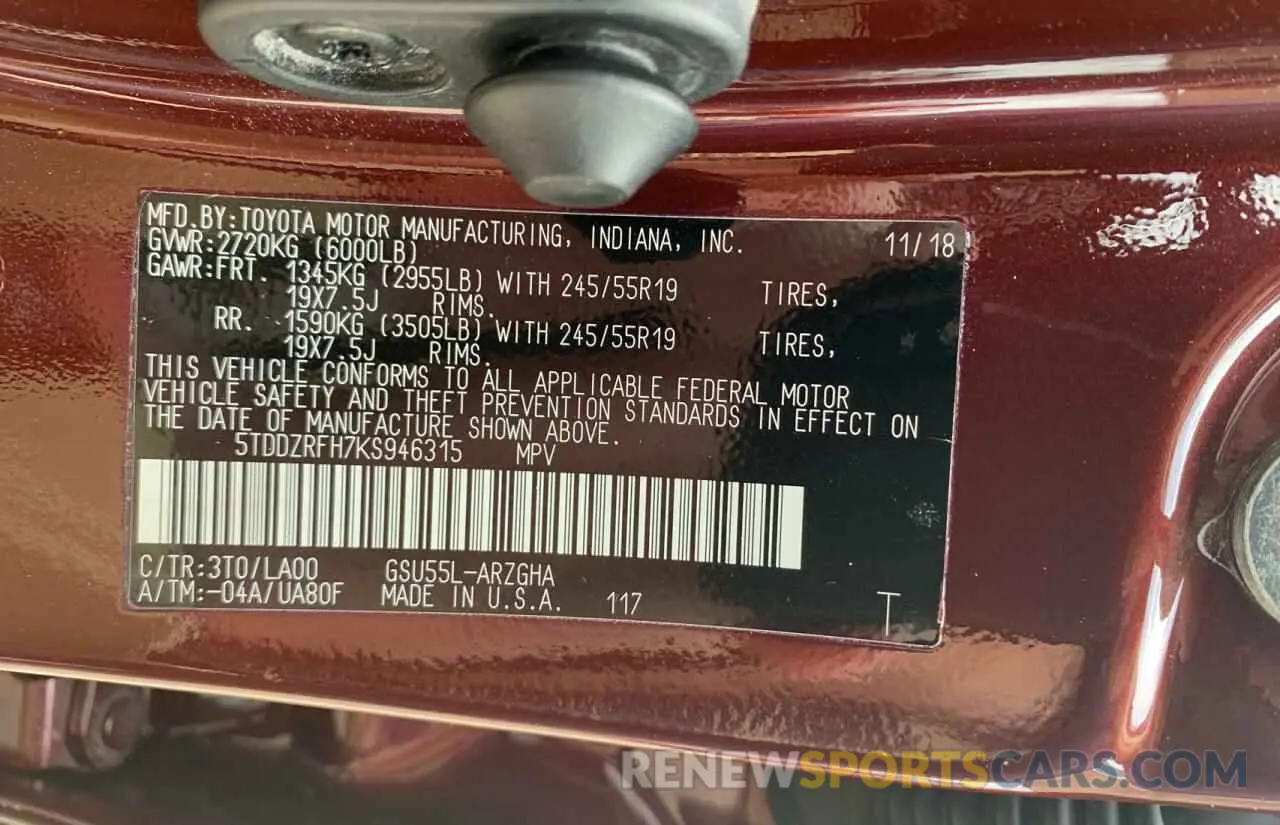 10 fotografías del automóvil dañado 5TDDZRFH7KS946315 TOYOTA HIGHLANDER 2019