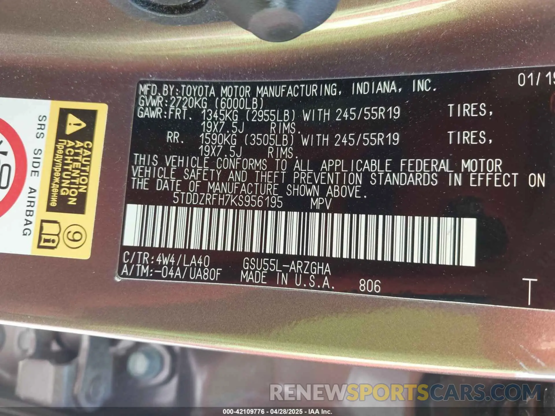 9 fotografías del automóvil dañado 5TDDZRFH7KS956195 TOYOTA HIGHLANDER 2019