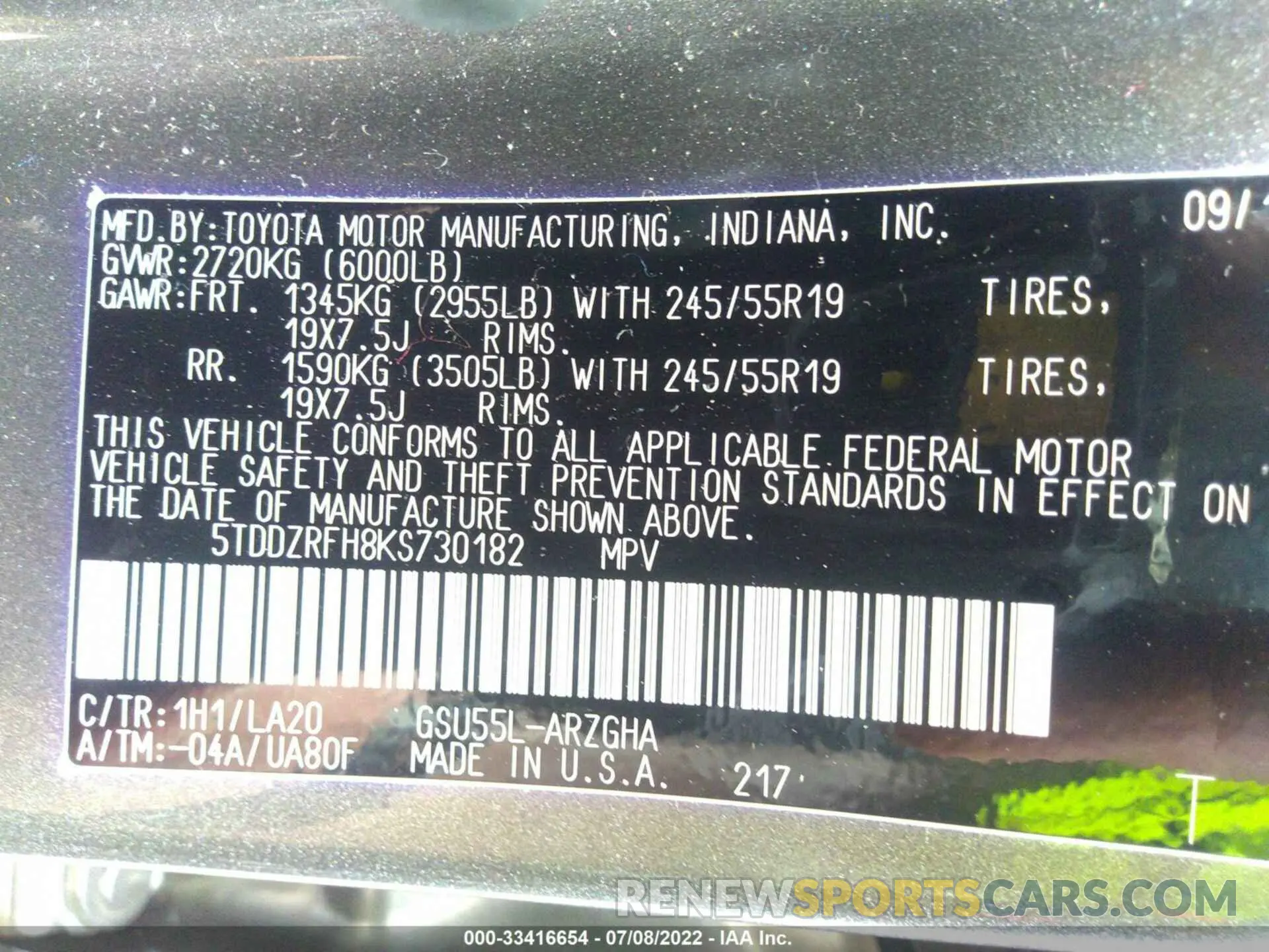 9 fotografías del automóvil dañado 5TDDZRFH8KS730182 TOYOTA HIGHLANDER 2019