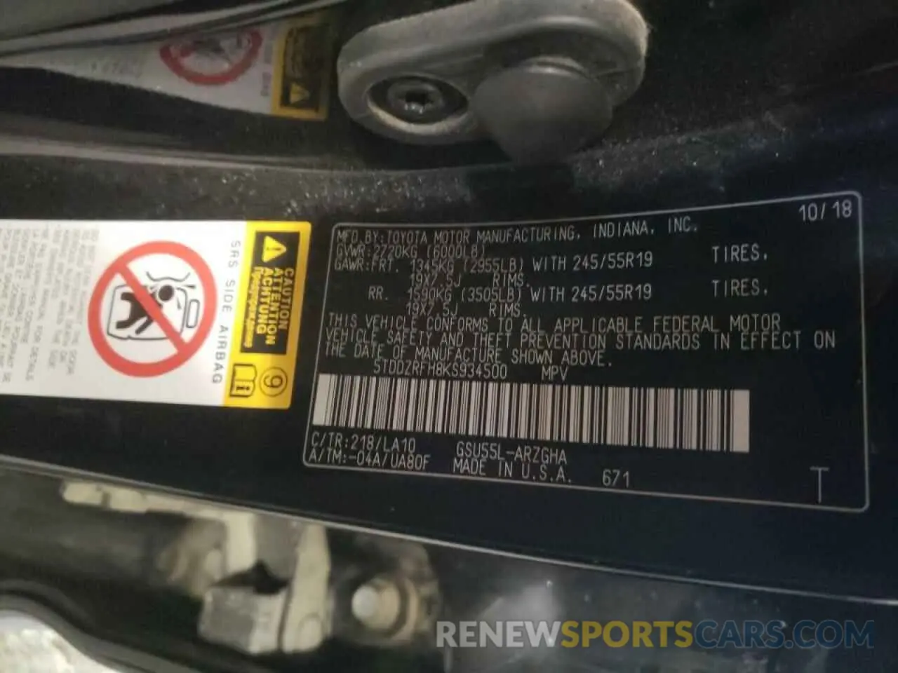 10 fotografías del automóvil dañado 5TDDZRFH8KS934500 TOYOTA HIGHLANDER 2019