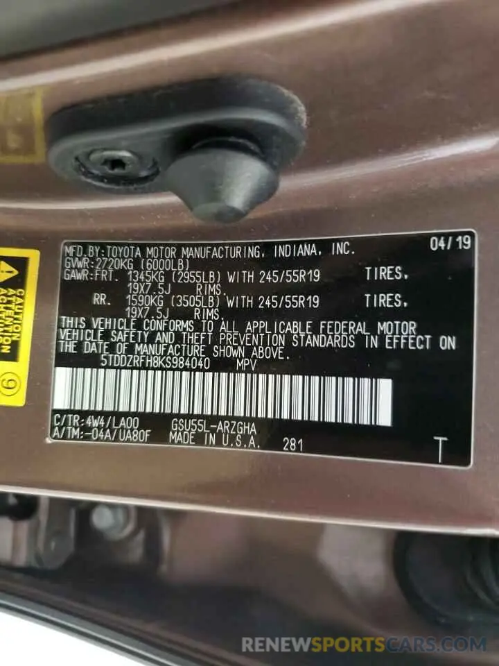 13 fotografías del automóvil dañado 5TDDZRFH8KS984040 TOYOTA HIGHLANDER 2019