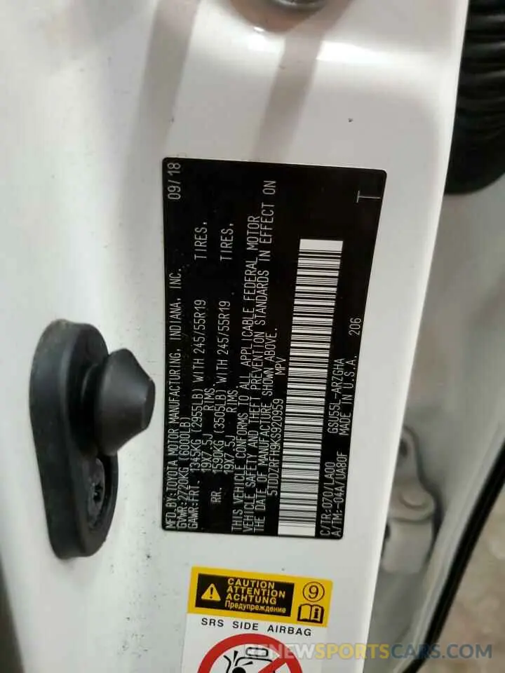14 fotografías del automóvil dañado 5TDDZRFH9KS920959 TOYOTA HIGHLANDER 2019