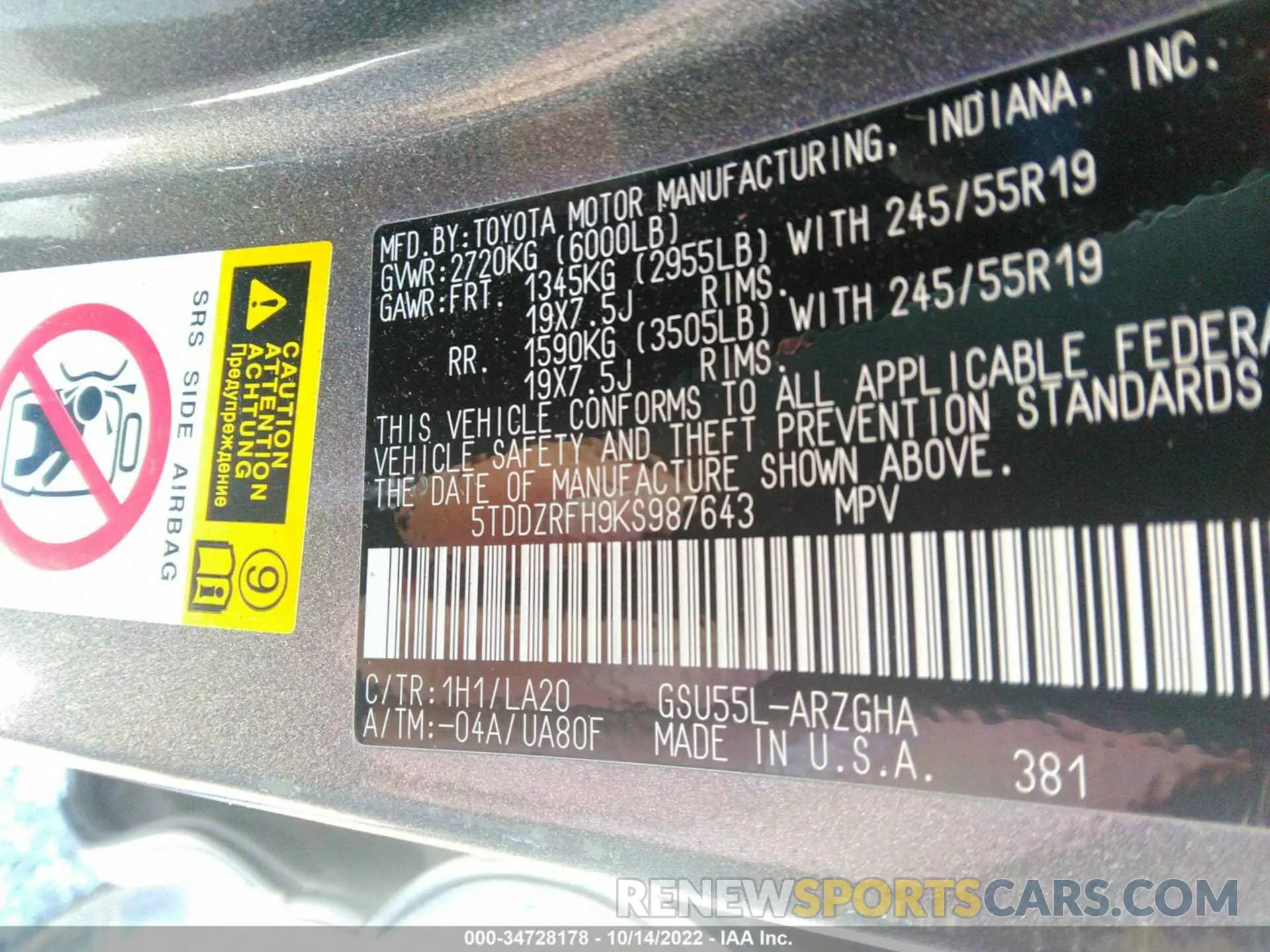 9 fotografías del automóvil dañado 5TDDZRFH9KS987643 TOYOTA HIGHLANDER 2019