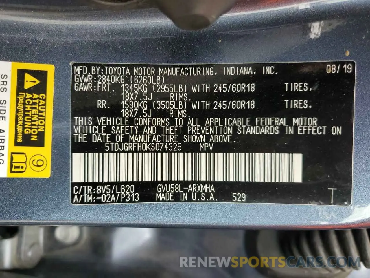13 fotografías del automóvil dañado 5TDJGRFH0KS074326 TOYOTA HIGHLANDER 2019