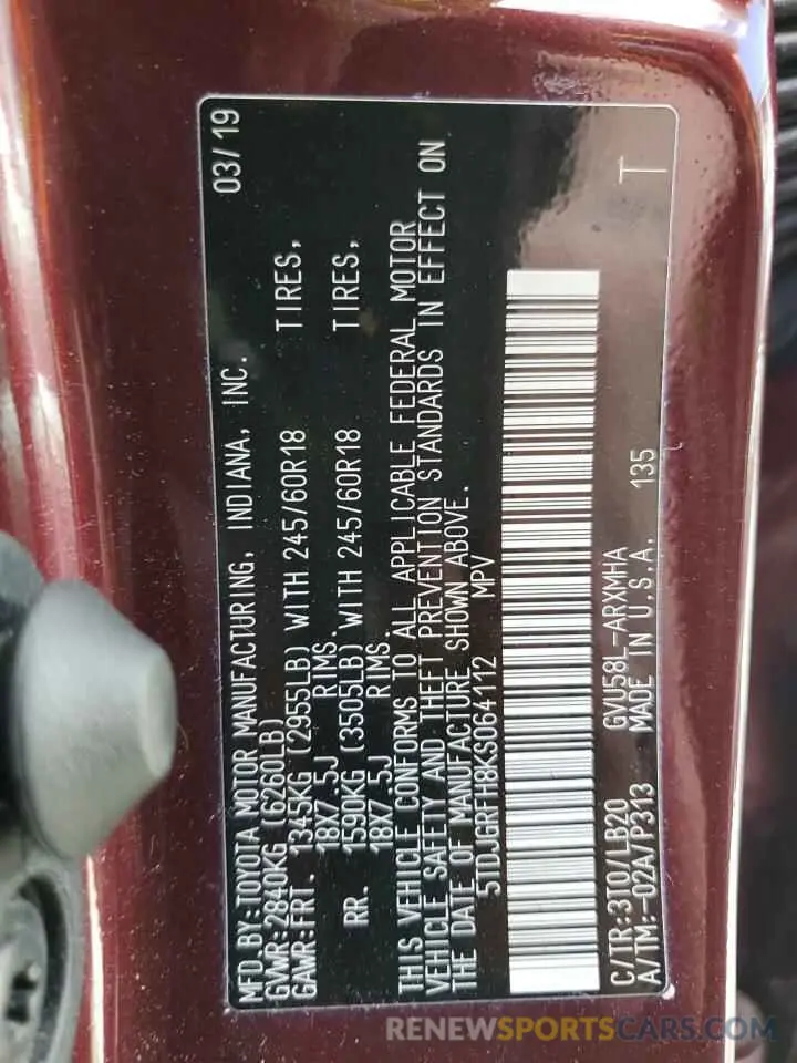 13 fotografías del automóvil dañado 5TDJGRFH8KS064112 TOYOTA HIGHLANDER 2019