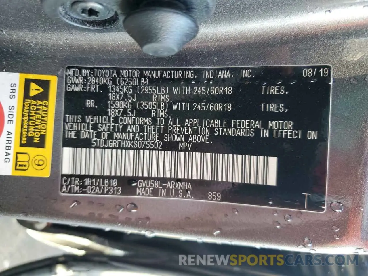 13 fotografías del automóvil dañado 5TDJGRFHXKS075502 TOYOTA HIGHLANDER 2019