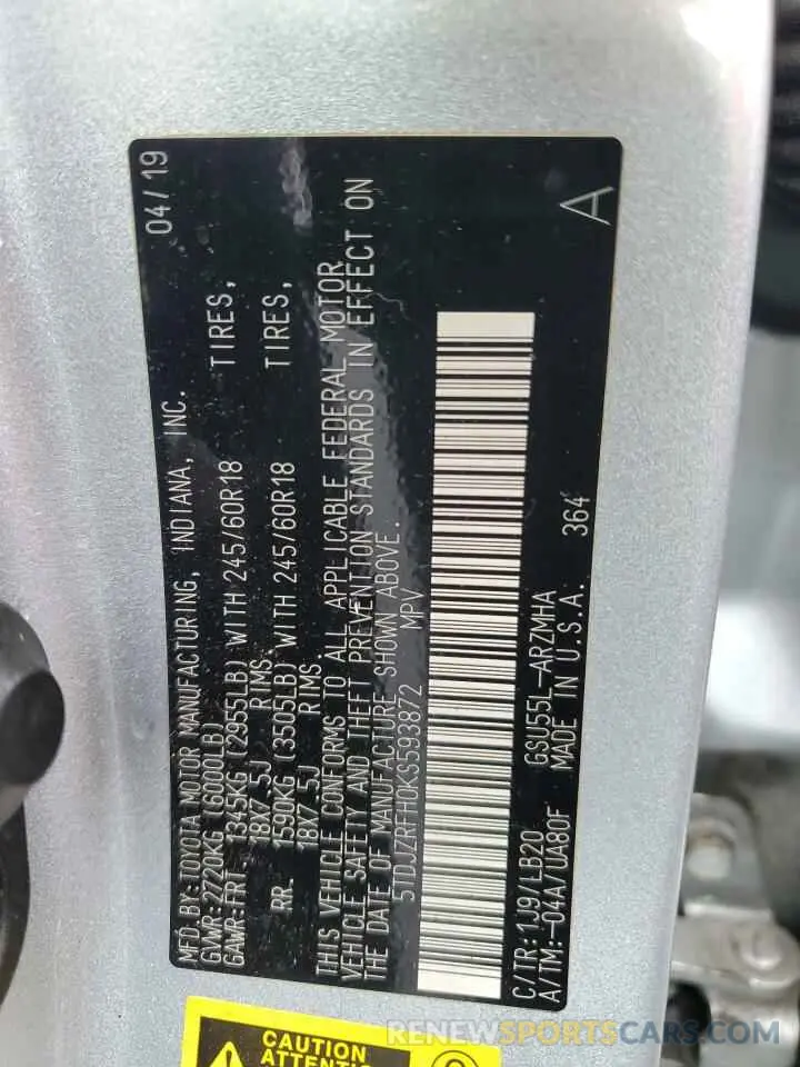 16 fotografías del automóvil dañado 5TDJZRFH0KS593872 TOYOTA HIGHLANDER 2019