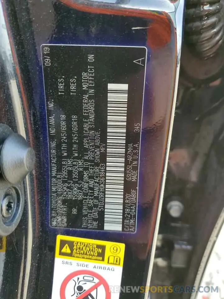 14 fotografías del automóvil dañado 5TDJZRFH0KS618463 TOYOTA HIGHLANDER 2019