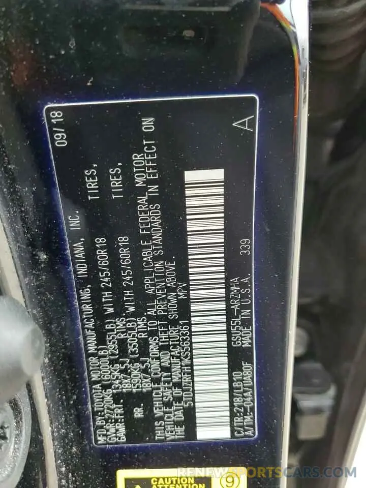 13 fotografías del automóvil dañado 5TDJZRFH1KS563361 TOYOTA HIGHLANDER 2019