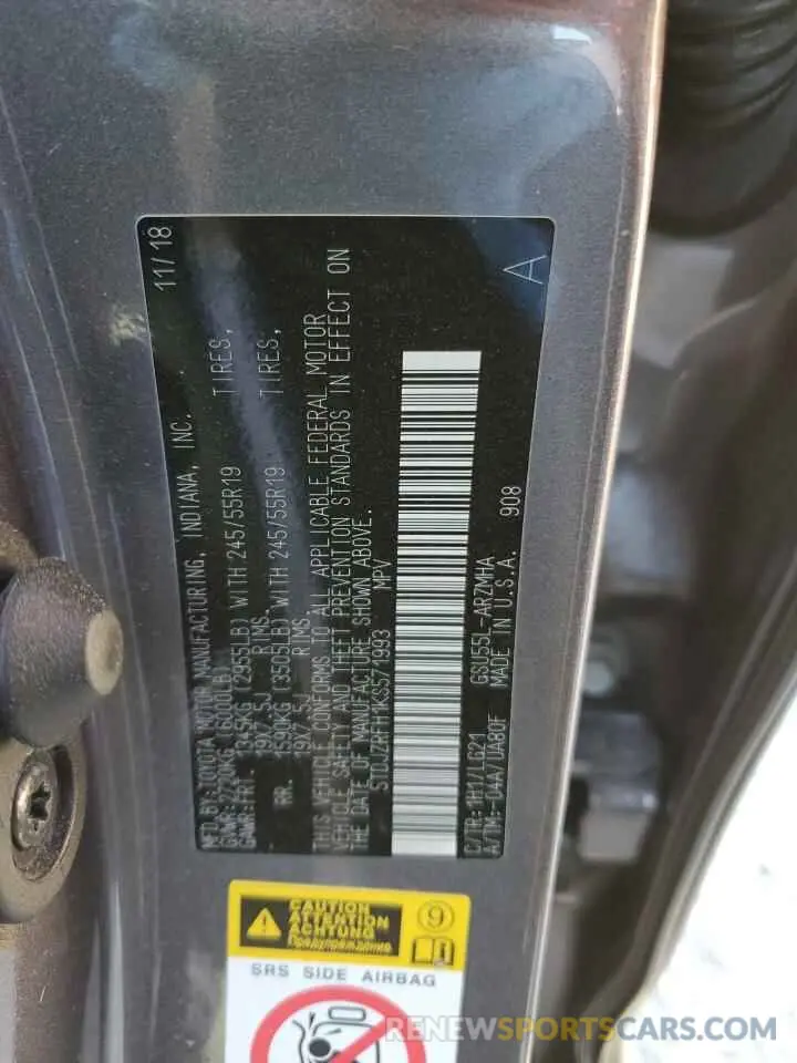 13 fotografías del automóvil dañado 5TDJZRFH1KS571993 TOYOTA HIGHLANDER 2019