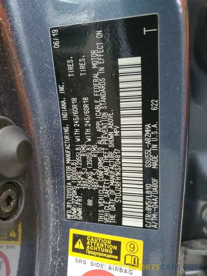 13 fotografías del automóvil dañado 5TDJZRFH1KS704817 TOYOTA HIGHLANDER 2019