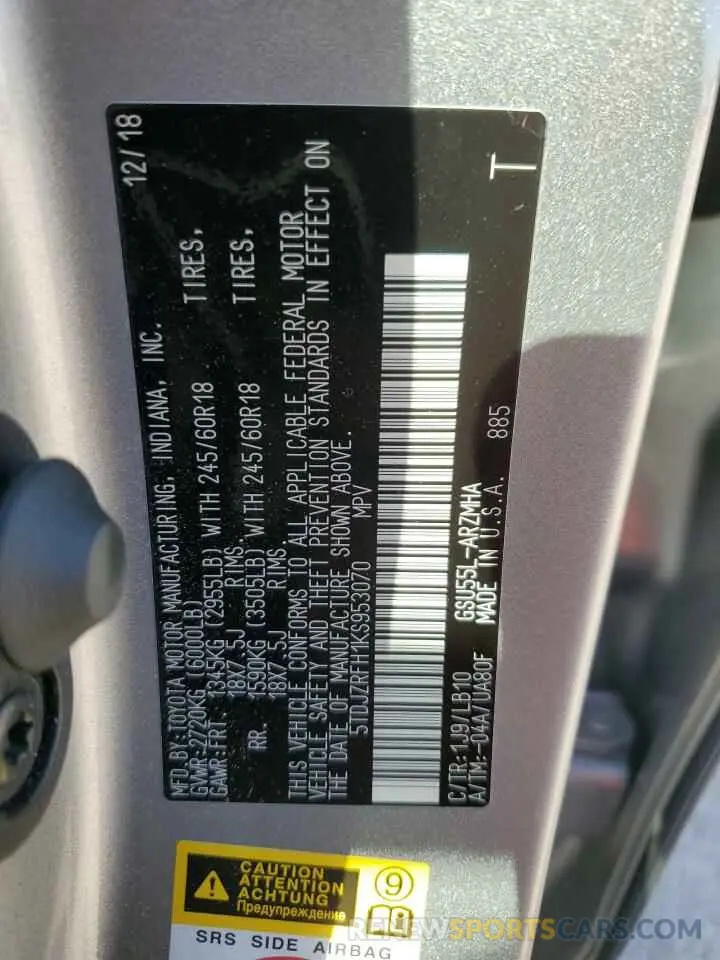 13 fotografías del automóvil dañado 5TDJZRFH1KS953070 TOYOTA HIGHLANDER 2019
