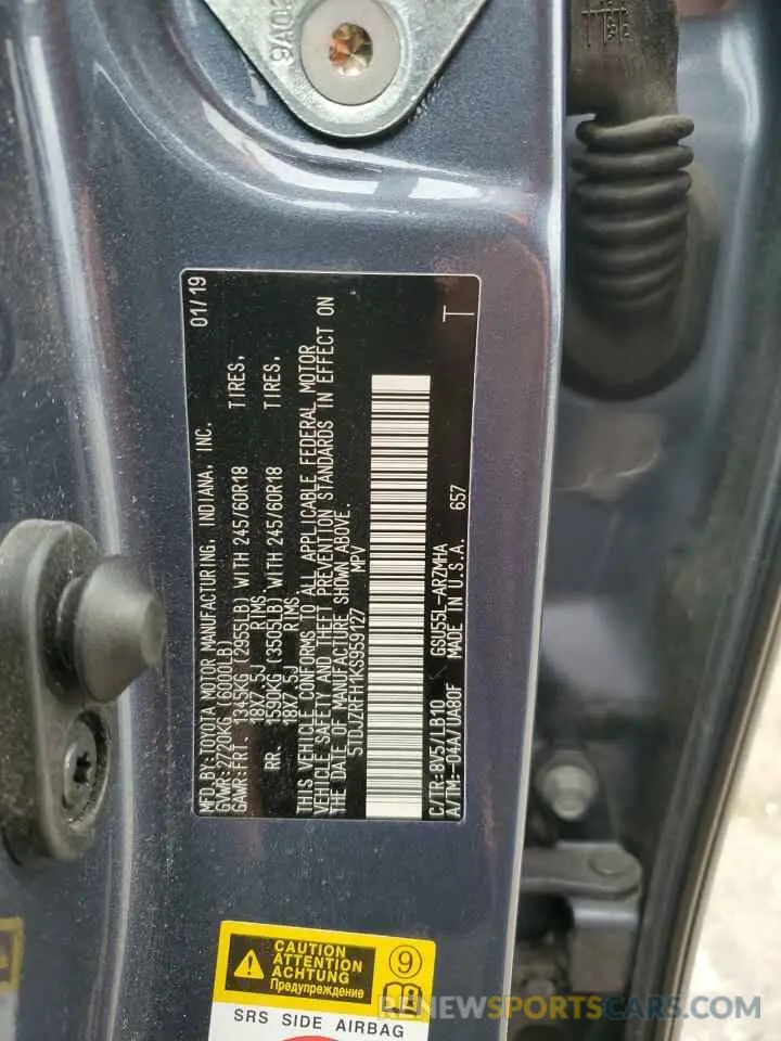 13 fotografías del automóvil dañado 5TDJZRFH1KS959127 TOYOTA HIGHLANDER 2019