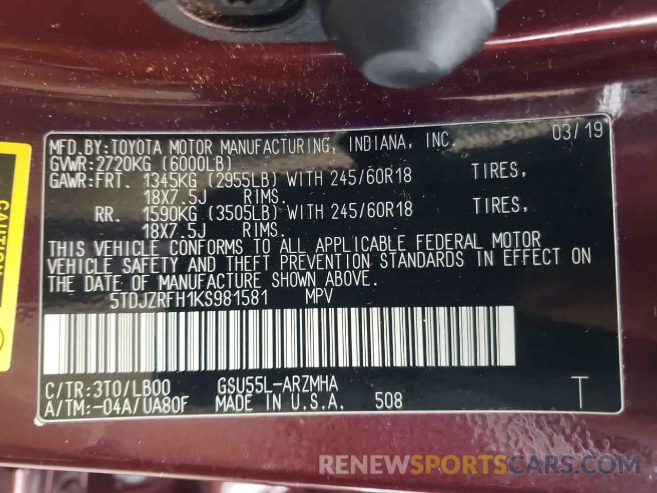 10 fotografías del automóvil dañado 5TDJZRFH1KS981581 TOYOTA HIGHLANDER 2019