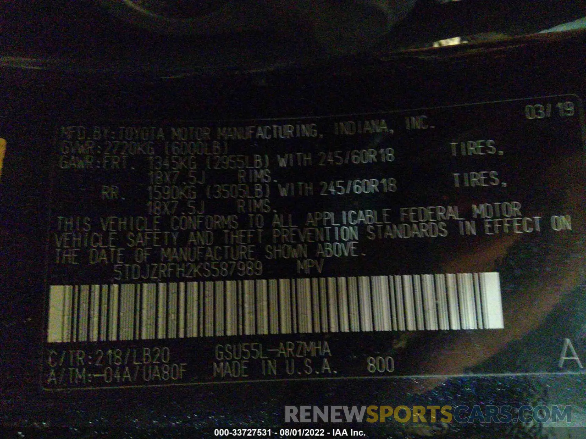 9 fotografías del automóvil dañado 5TDJZRFH2KS587989 TOYOTA HIGHLANDER 2019