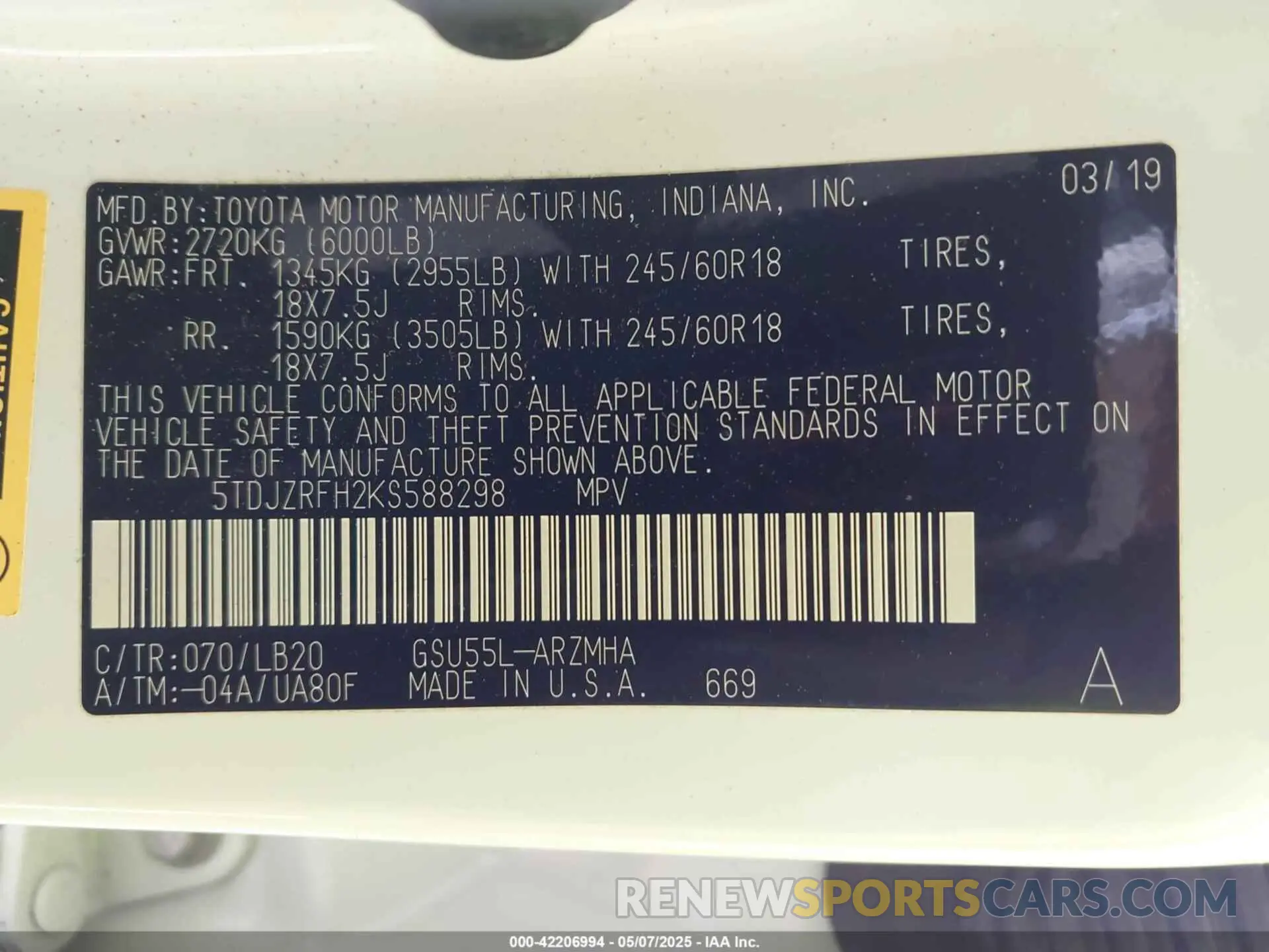 9 fotografías del automóvil dañado 5TDJZRFH2KS588298 TOYOTA HIGHLANDER 2019