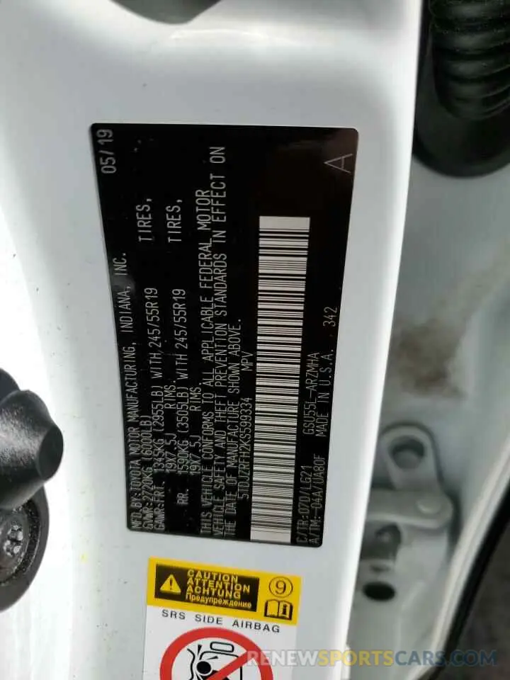 14 fotografías del automóvil dañado 5TDJZRFH2KS599334 TOYOTA HIGHLANDER 2019