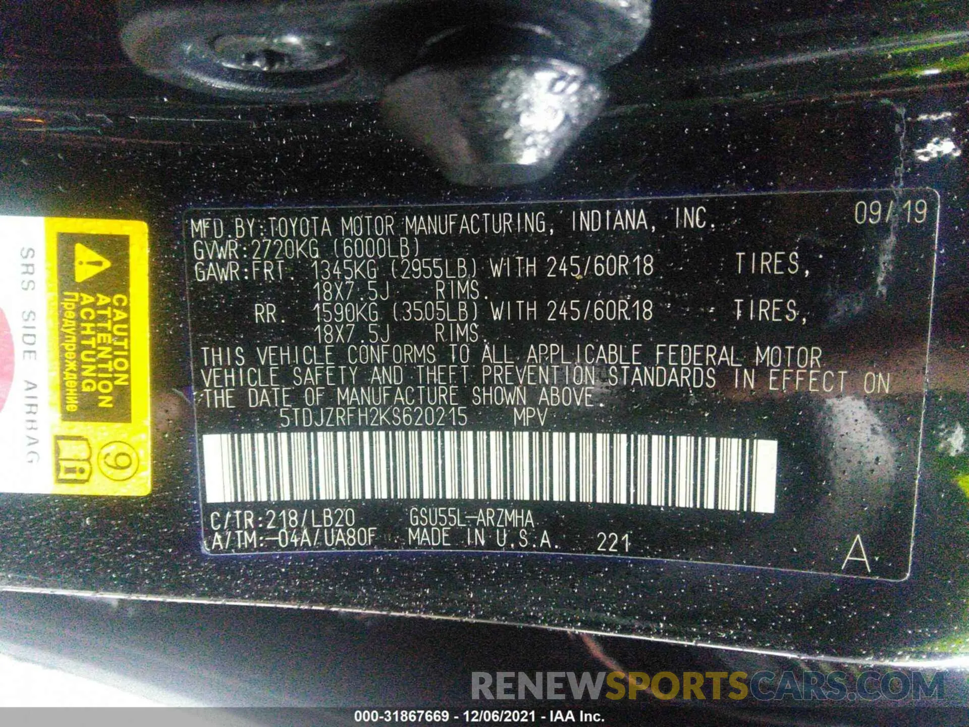 9 fotografías del automóvil dañado 5TDJZRFH2KS620215 TOYOTA HIGHLANDER 2019
