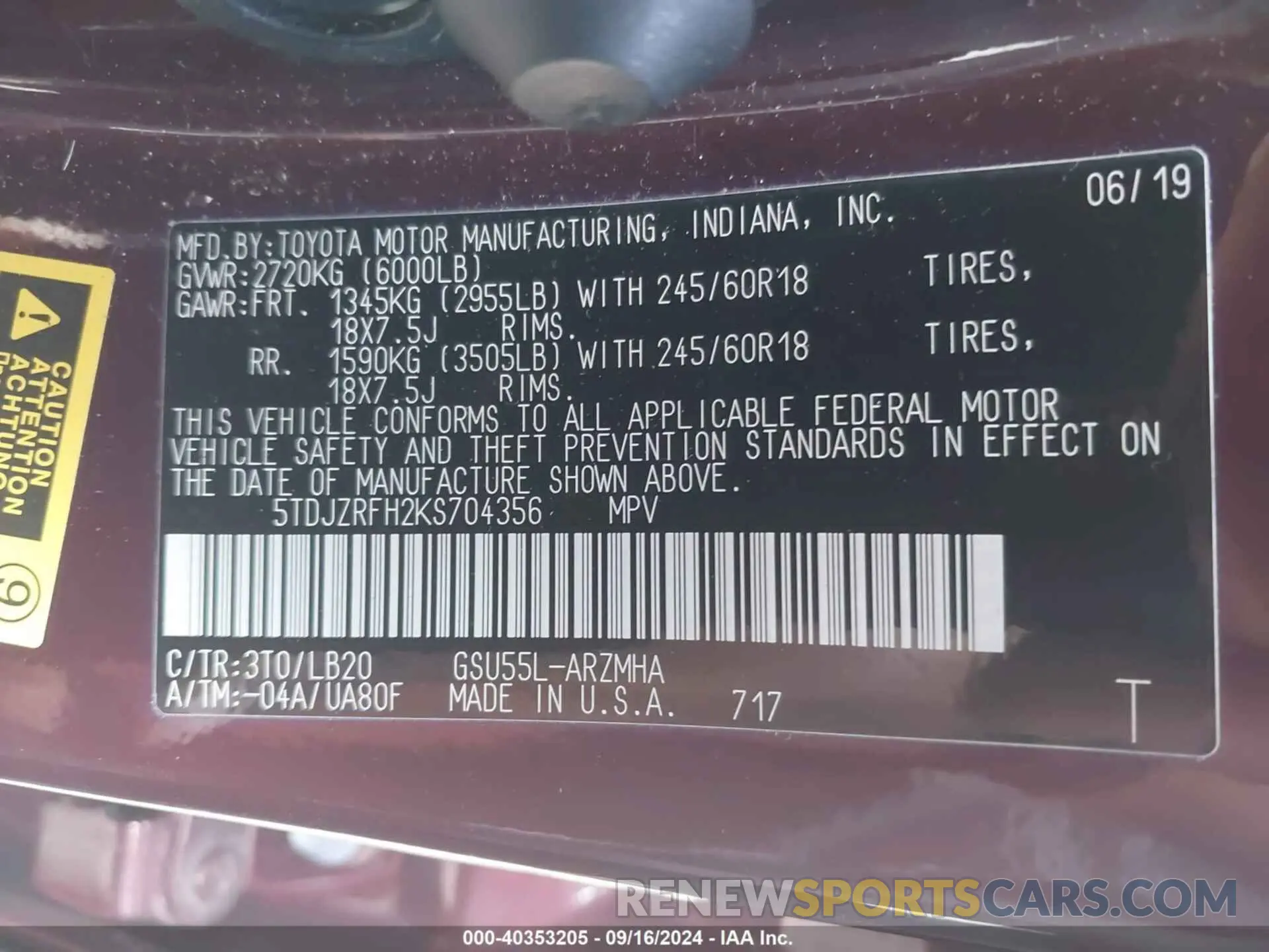 9 fotografías del automóvil dañado 5TDJZRFH2KS704356 TOYOTA HIGHLANDER 2019