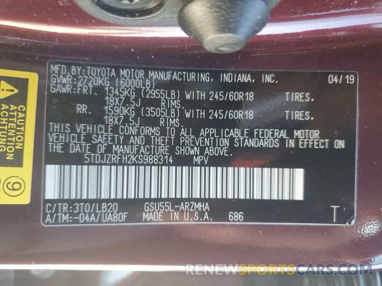 13 fotografías del automóvil dañado 5TDJZRFH2KS988314 TOYOTA HIGHLANDER 2019