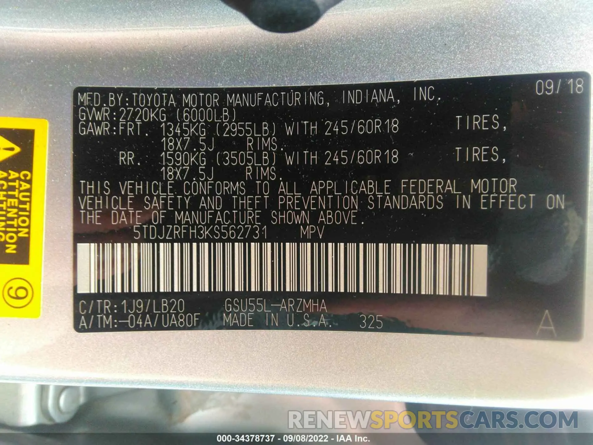 9 fotografías del automóvil dañado 5TDJZRFH3KS562731 TOYOTA HIGHLANDER 2019