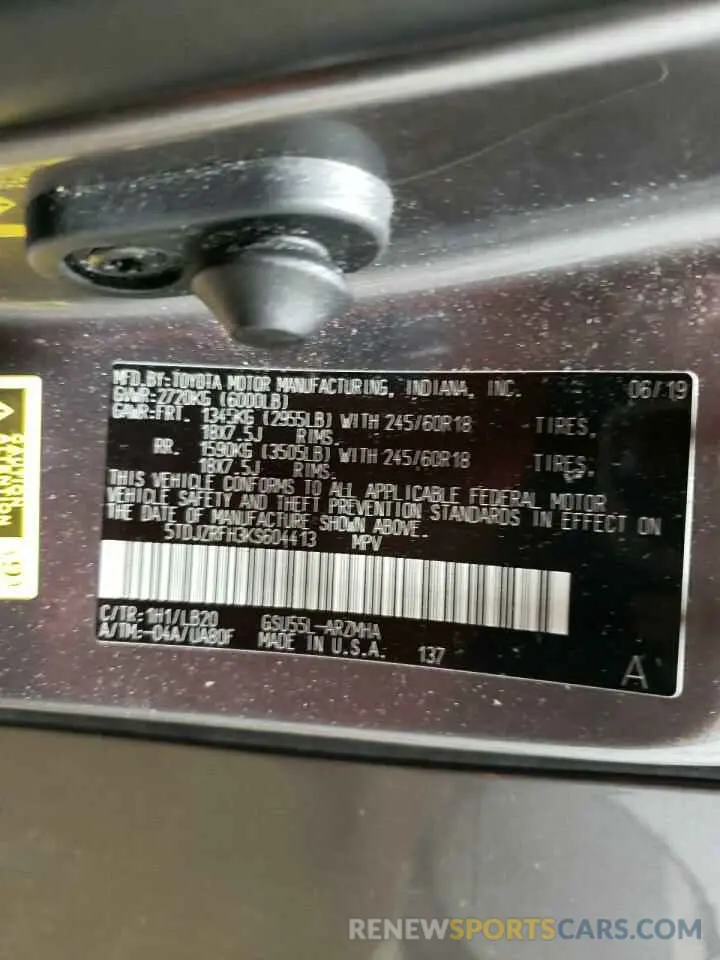 13 fotografías del automóvil dañado 5TDJZRFH3KS604413 TOYOTA HIGHLANDER 2019