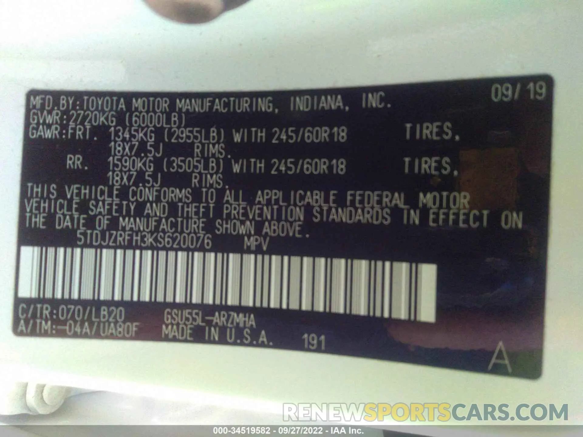 9 fotografías del automóvil dañado 5TDJZRFH3KS620076 TOYOTA HIGHLANDER 2019