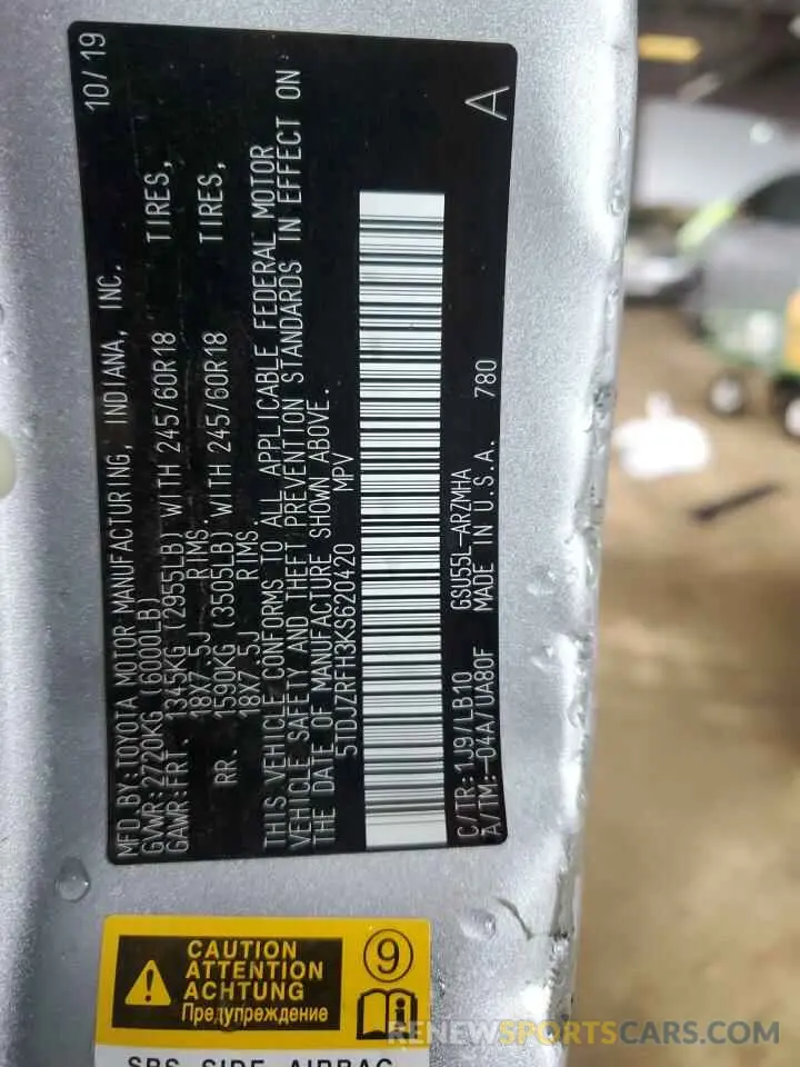 14 fotografías del automóvil dañado 5TDJZRFH3KS620420 TOYOTA HIGHLANDER 2019