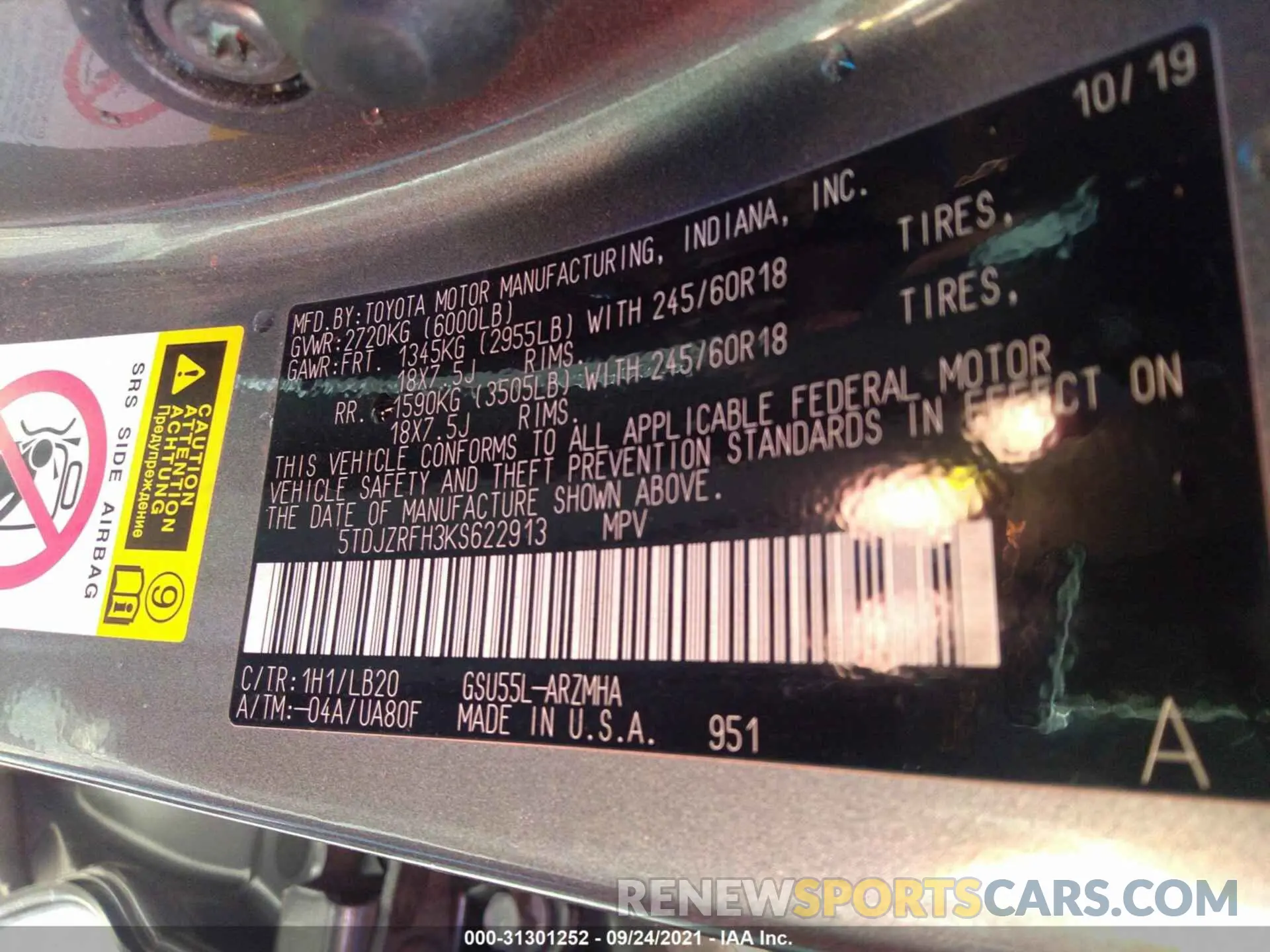 9 fotografías del automóvil dañado 5TDJZRFH3KS622913 TOYOTA HIGHLANDER 2019
