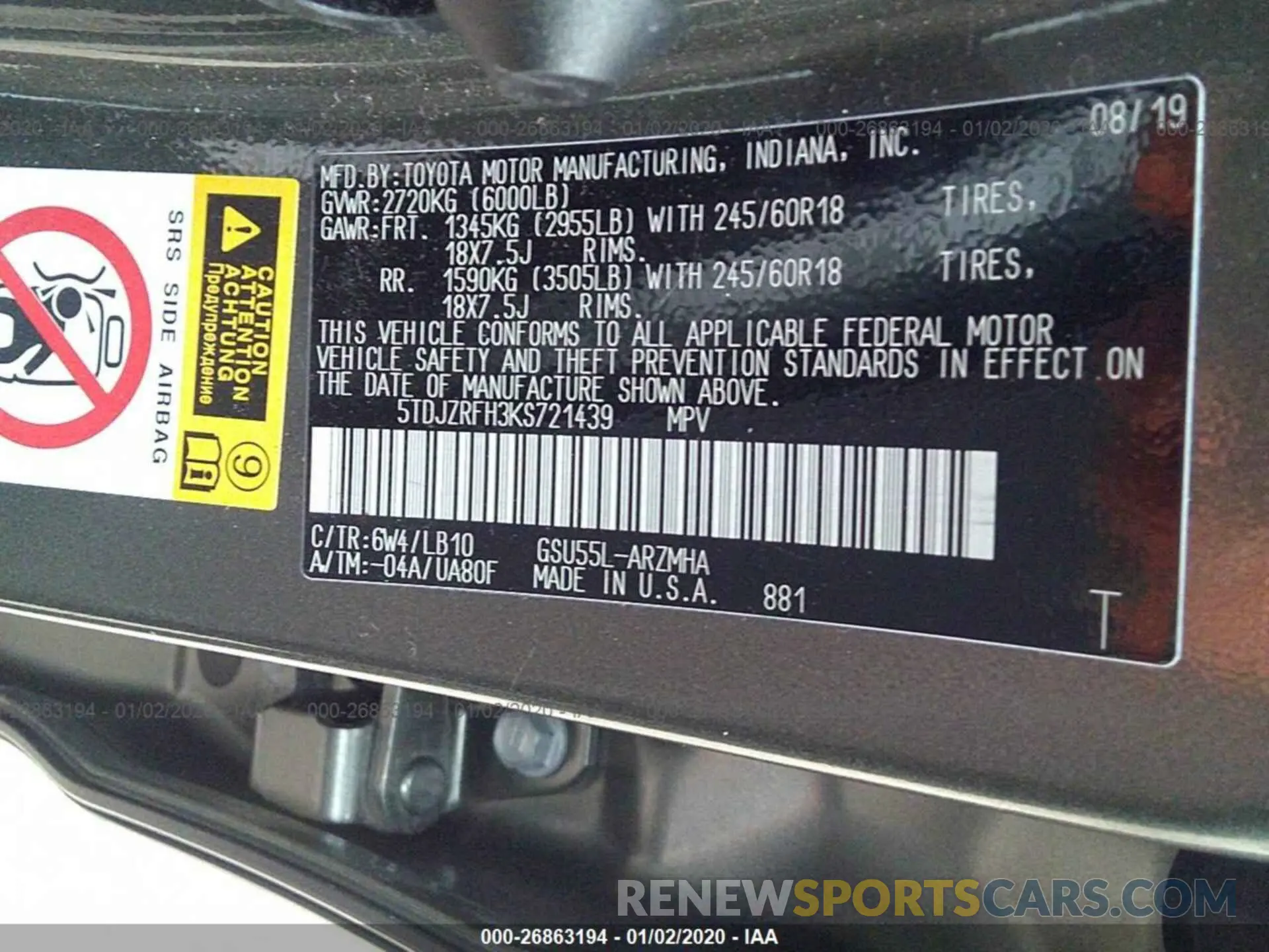 9 fotografías del automóvil dañado 5TDJZRFH3KS721439 TOYOTA HIGHLANDER 2019