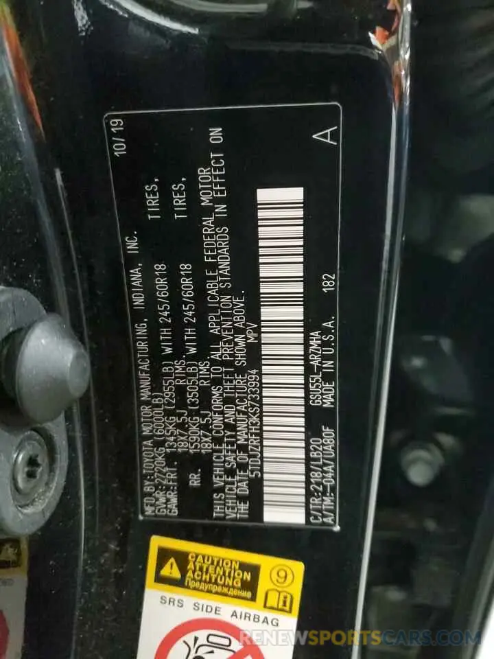 14 fotografías del automóvil dañado 5TDJZRFH3KS733994 TOYOTA HIGHLANDER 2019
