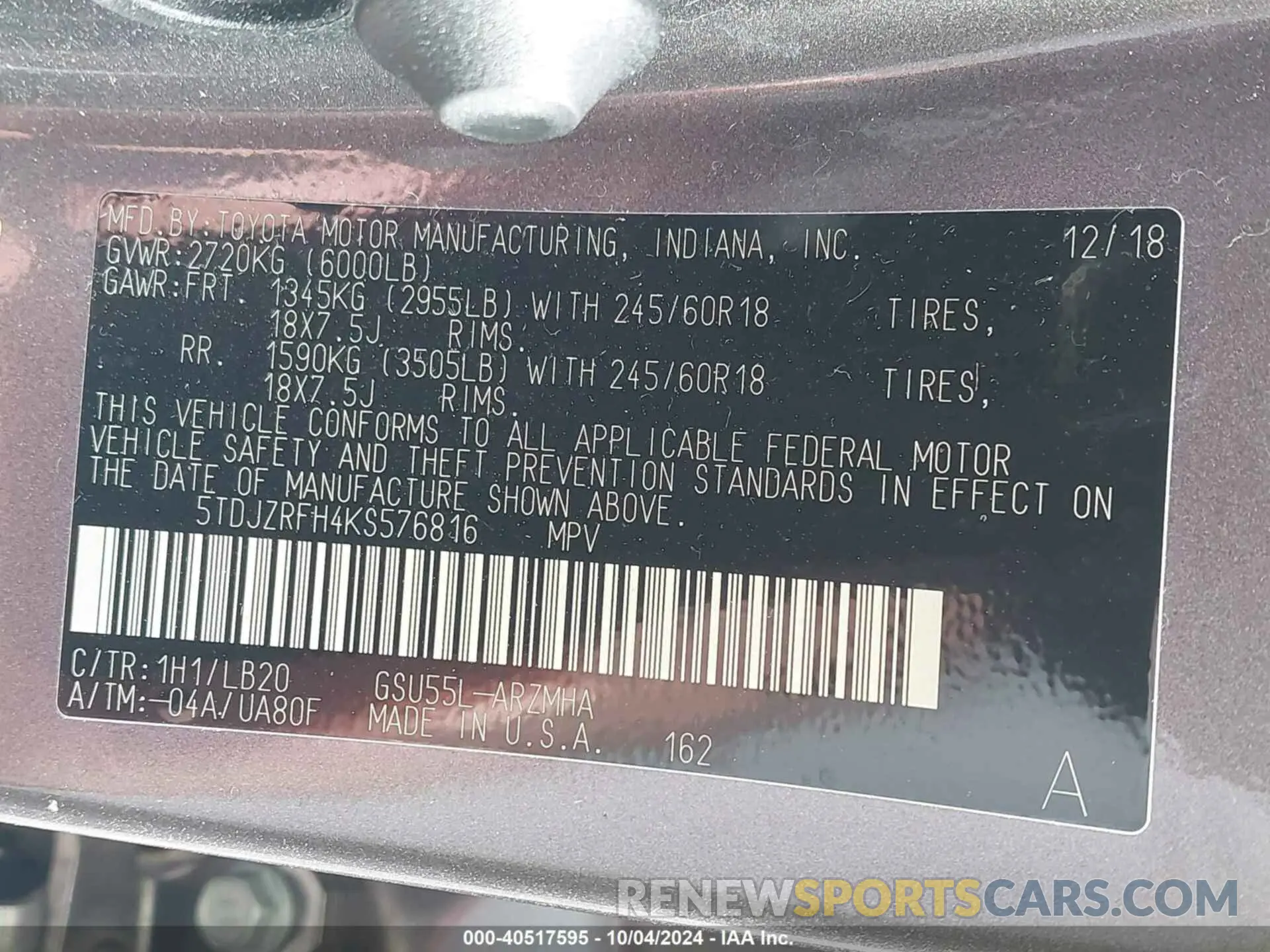 9 fotografías del automóvil dañado 5TDJZRFH4KS576816 TOYOTA HIGHLANDER 2019