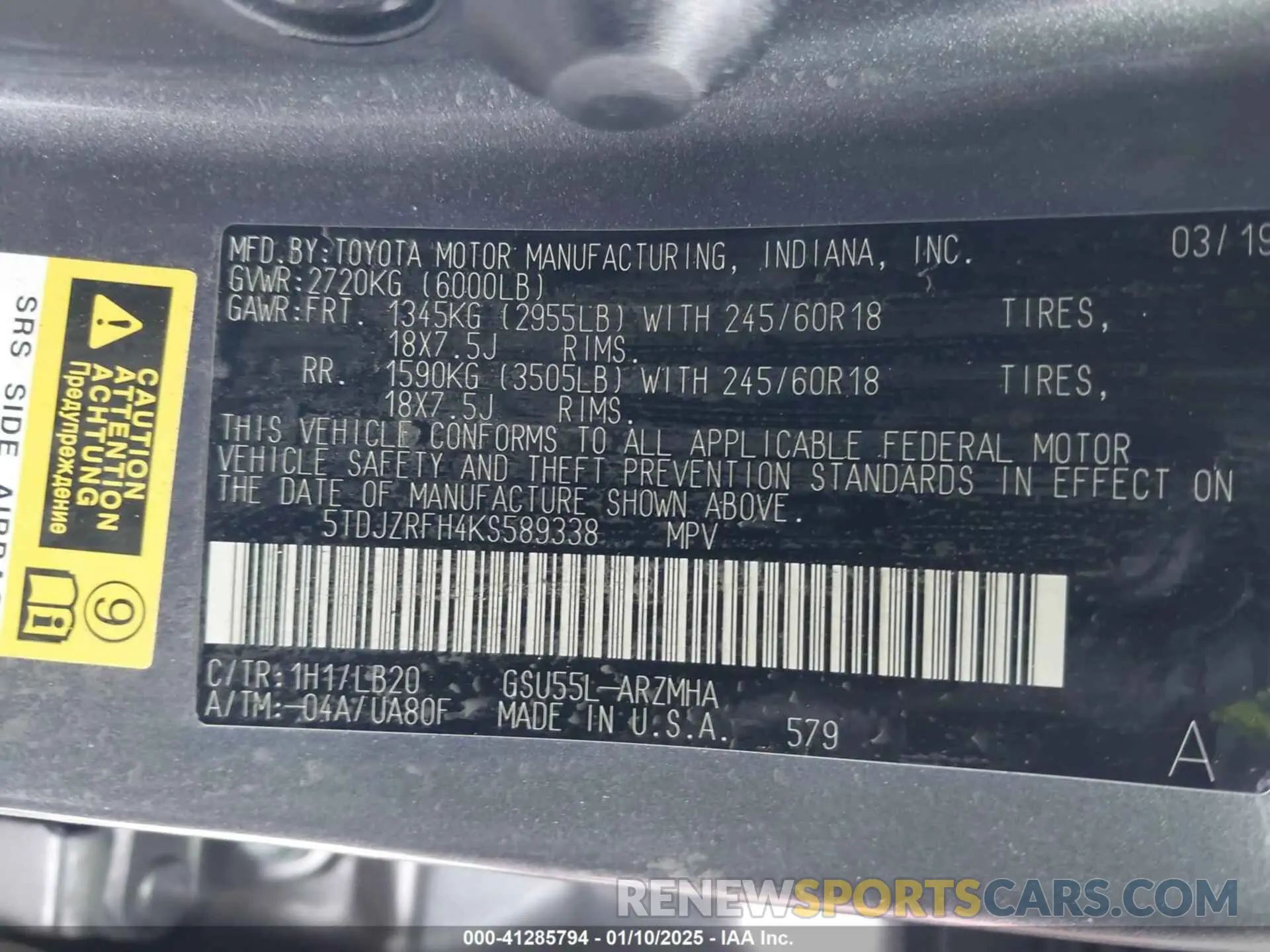9 fotografías del automóvil dañado 5TDJZRFH4KS589338 TOYOTA HIGHLANDER 2019